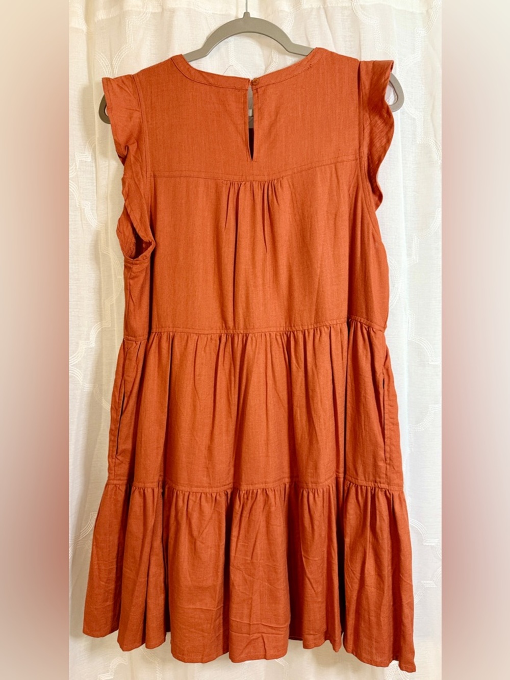 New In Rust Orange Tiered Dress| Ruffle Sleeve Mini Dress | Boho Casual | Size L - Picture 8 of 8